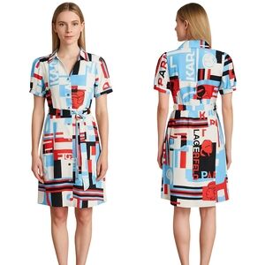 KARL LAGERFELD PARIS Shirt Dress Womens 10 Multicolor Belted Artsy Boho Chic